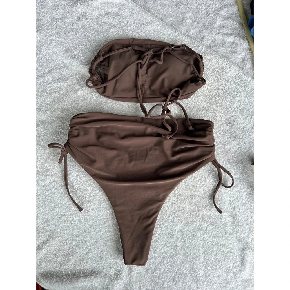 Unbranded Bikini Set Women Size M Brown EUC Ruched High Waist Bandeau 2pc Beach